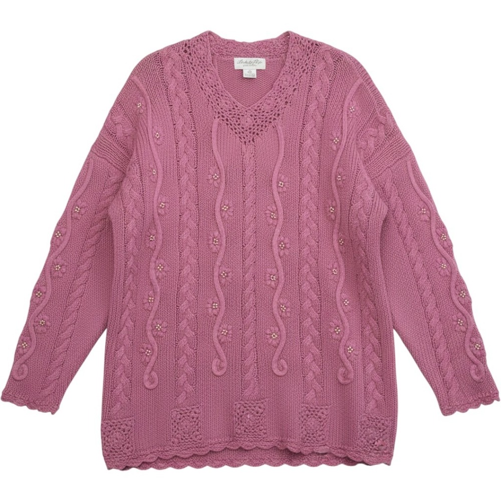 Kimberly Hope Cable Knit Sweater Womens L Pink‎ Excellent Pearl Crochet Vintage